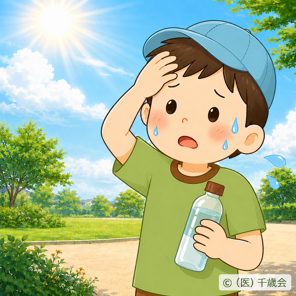 暑さで汗をかき、水分補給をしようとしている子どものイラスト